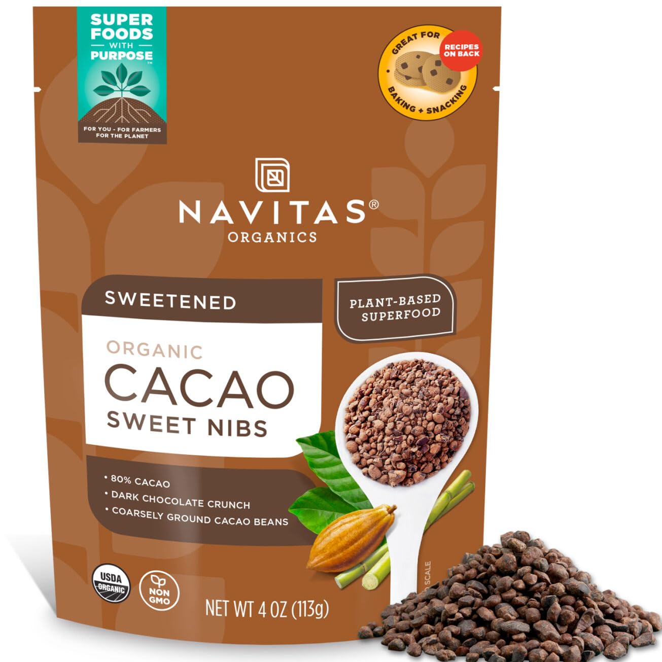 Navitas Organics Cacao Nibs Organic Non-GMO Fair Trade Gluten-Free Sweetened 4 Ounce